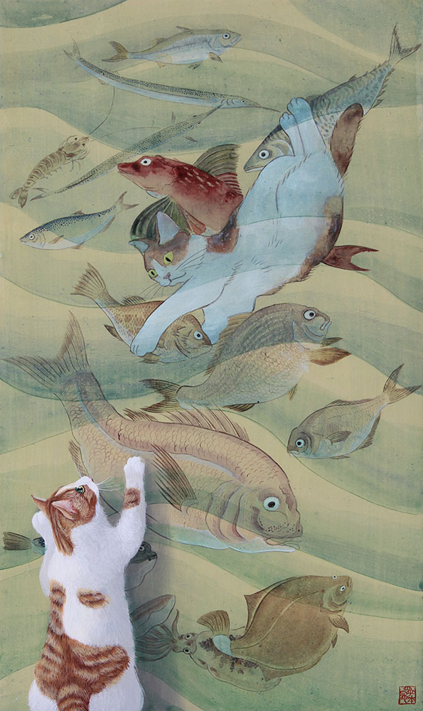 「猫と海水魚図」墨、アクリル 8M