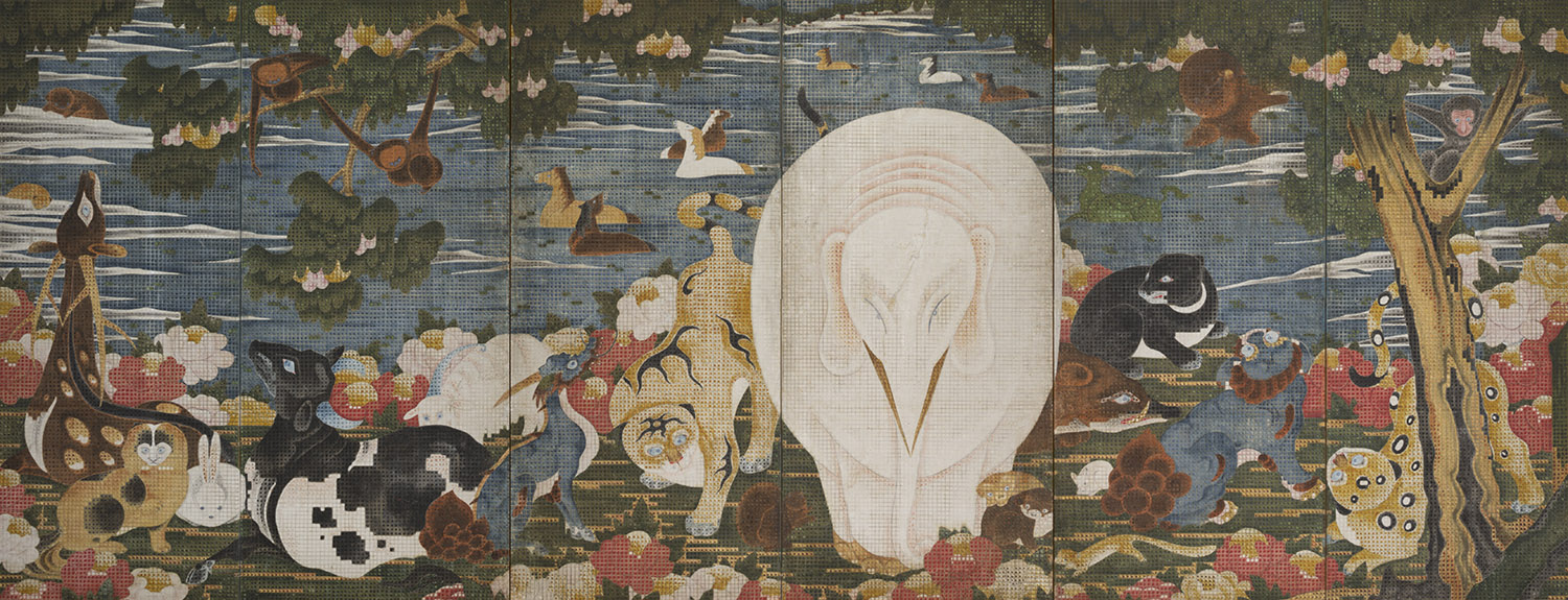 伊藤若冲《樹花鳥獣図屏風》（右隻）　静岡県立美術館蔵