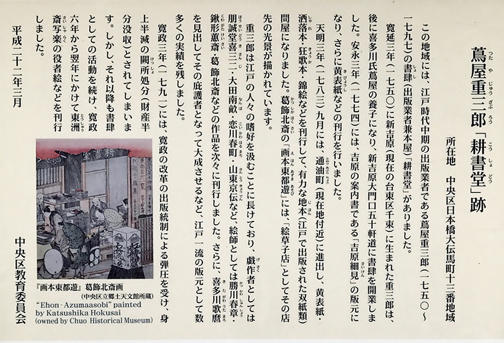 「耕書堂」跡にある立て札の画像