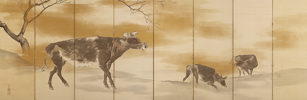 岸竹堂「牛馬図」画像(左隻)