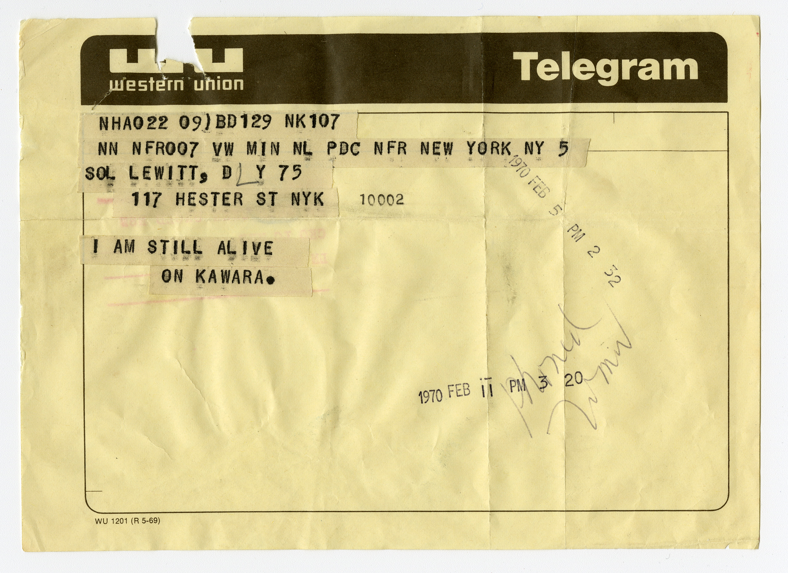 河原温 ソル・ルウィットに宛てた電報、1970年2⽉5⽇《I Am Still Alive》(1970‒2000)より