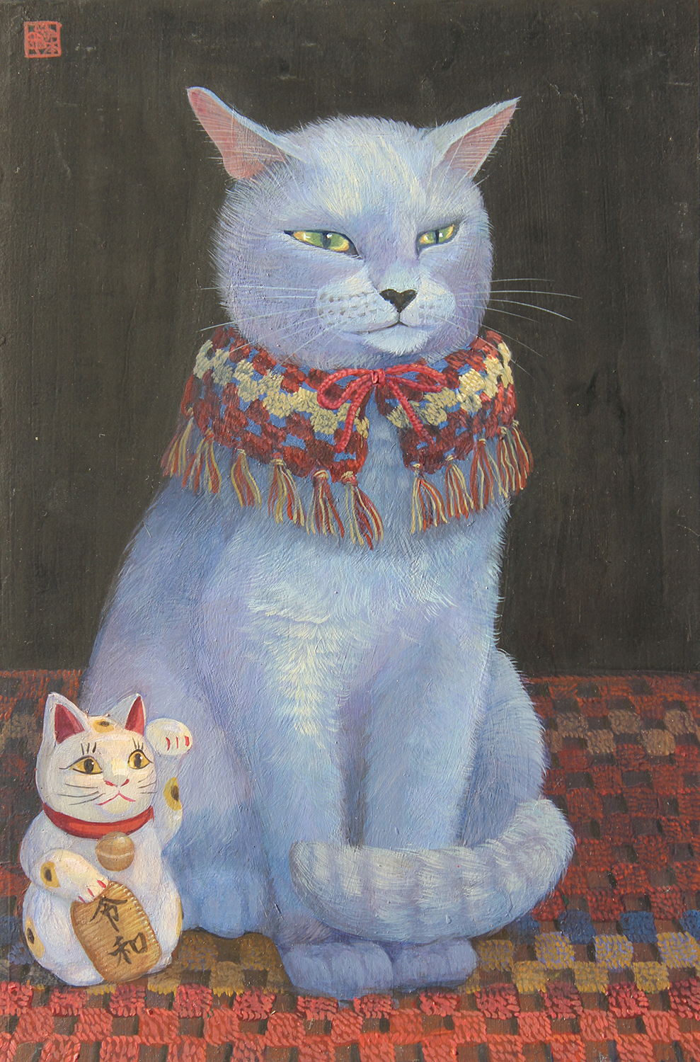 松本亮平《毛糸肩掛けをする猫像》画像