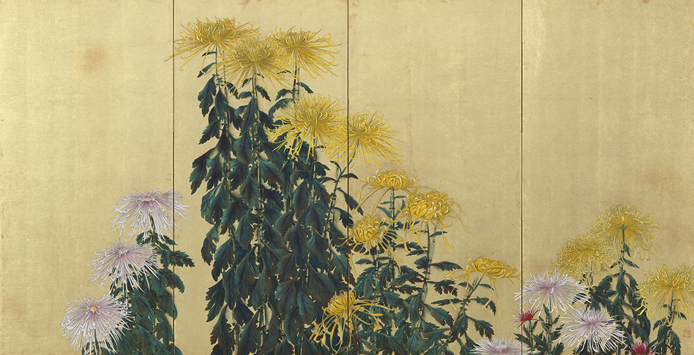速水御舟《菊花図》1921(大正10)年 紙本金地彩色・四曲一双屏風(右隻)