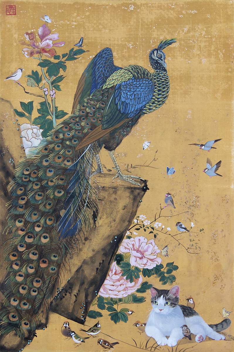 《孔雀耄耊図》2023年　アクリル、墨 / 木版　40.9×27.3cm