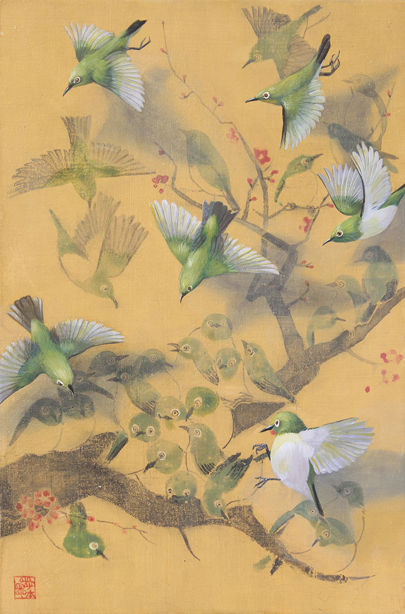 《目白押し》2022年　アクリル、墨 / 板　33.4×21.2cm