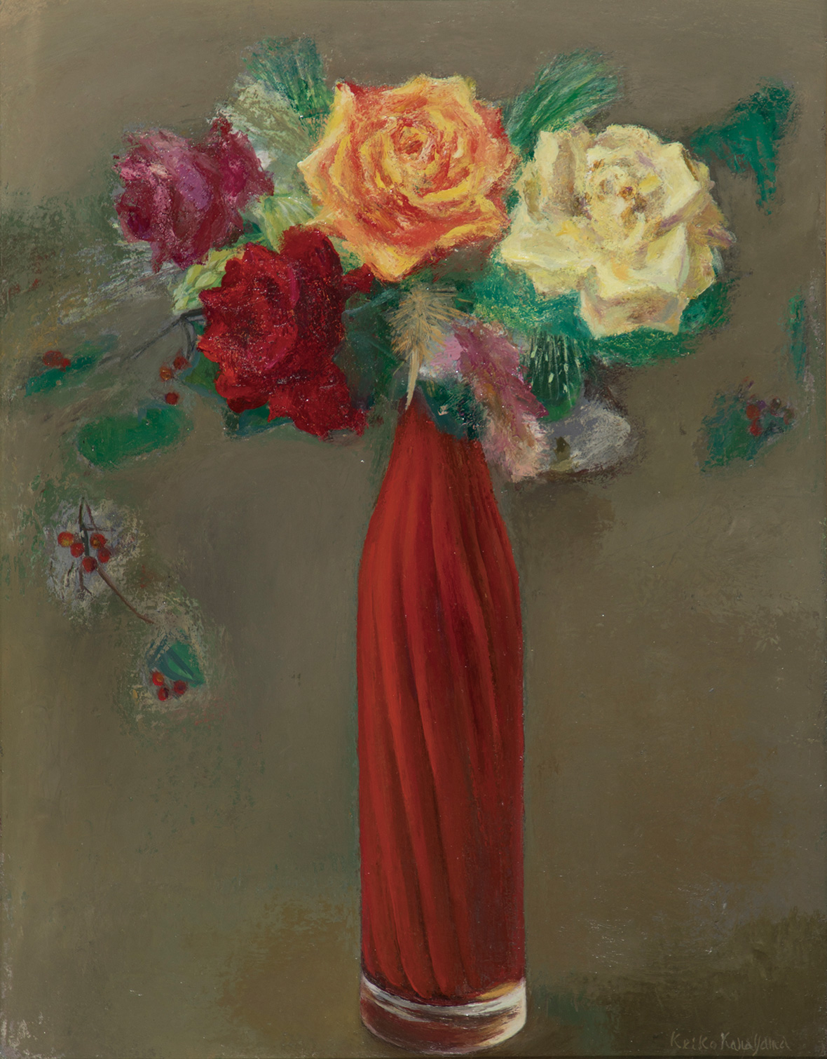 金山桂子《赤いガラス花瓶とバラ》