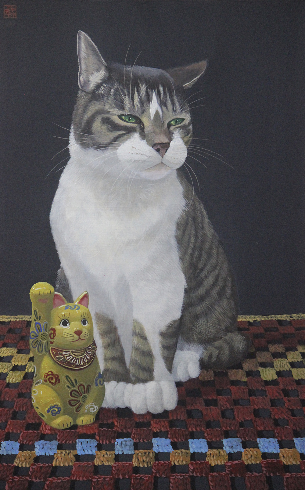 『愛猫 毛糸敷物に人形と座る肖像』