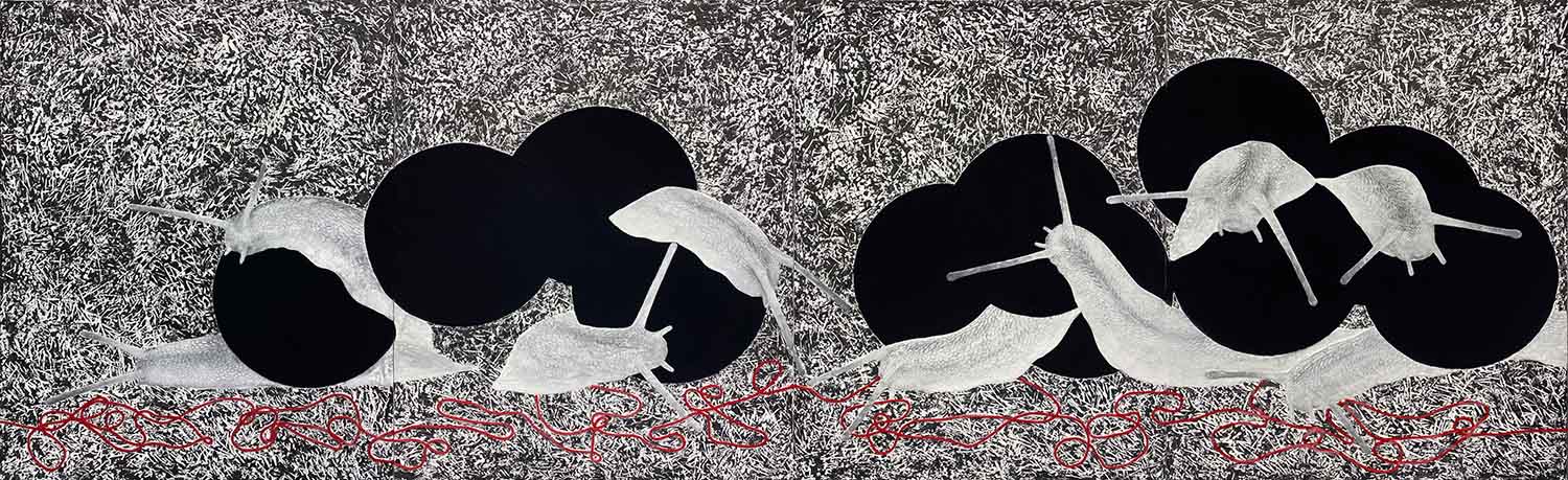 参考作品《最后の神殿》 2020年 岩絵具、胡粉、墨、毛糸 雲肌麻紙 116.7×364.0 cm