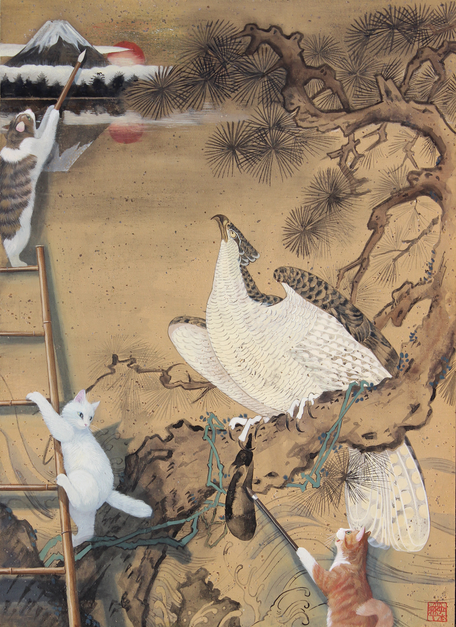 松本亮平 《一富士二鷹三茄子》2024年　アクリル、墨/板　41.0×31.8cm