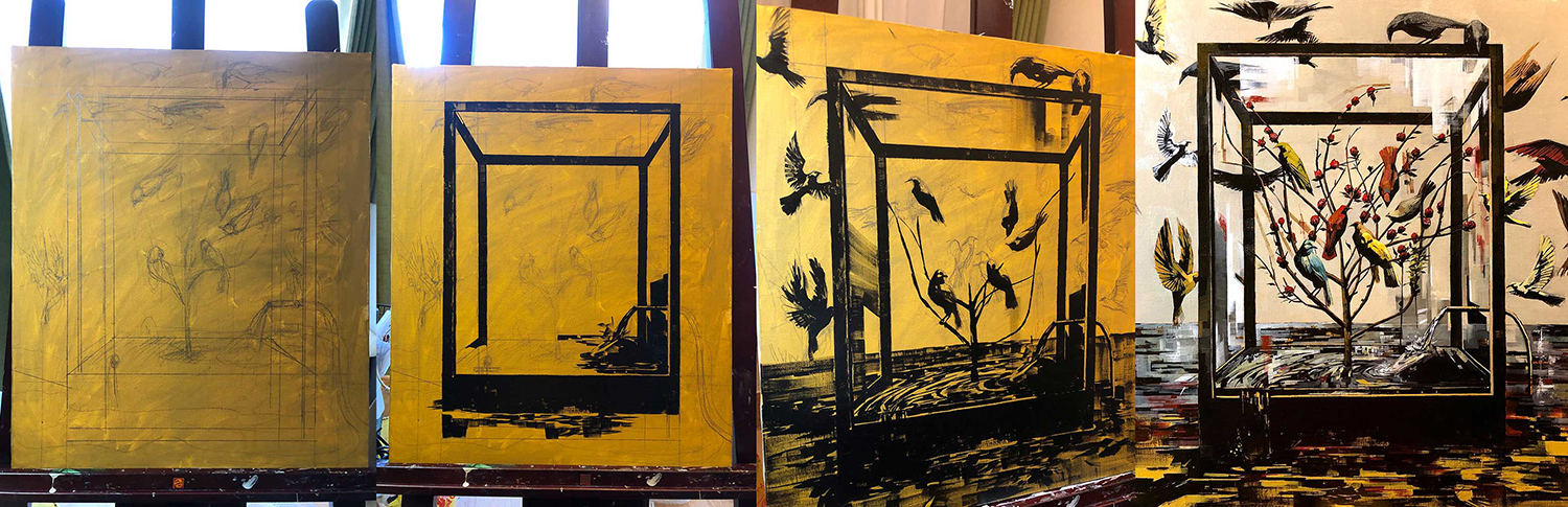 出展作品《Paradise》の制作風景。黒い絵の具で形をとった後、ピクセル状に色が置かれている。