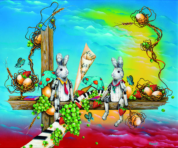 東野 穂澄《ウサギのコンサート》油彩/キャンバス