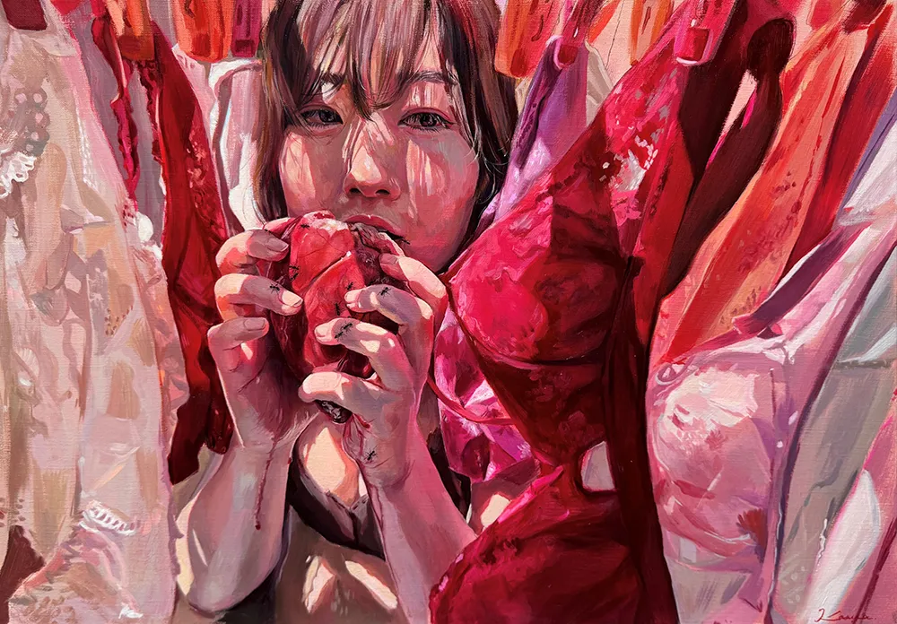 春日佳歩　出展作品《血と肉》2025年　油彩/キャンバス　45.5×65.2 cm