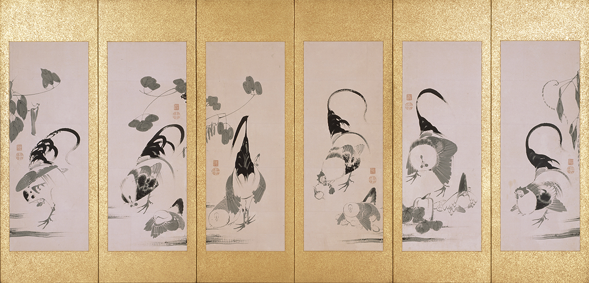 群鶏蔬菜図押絵貼屏風(右隻) 伊藤若冲筆