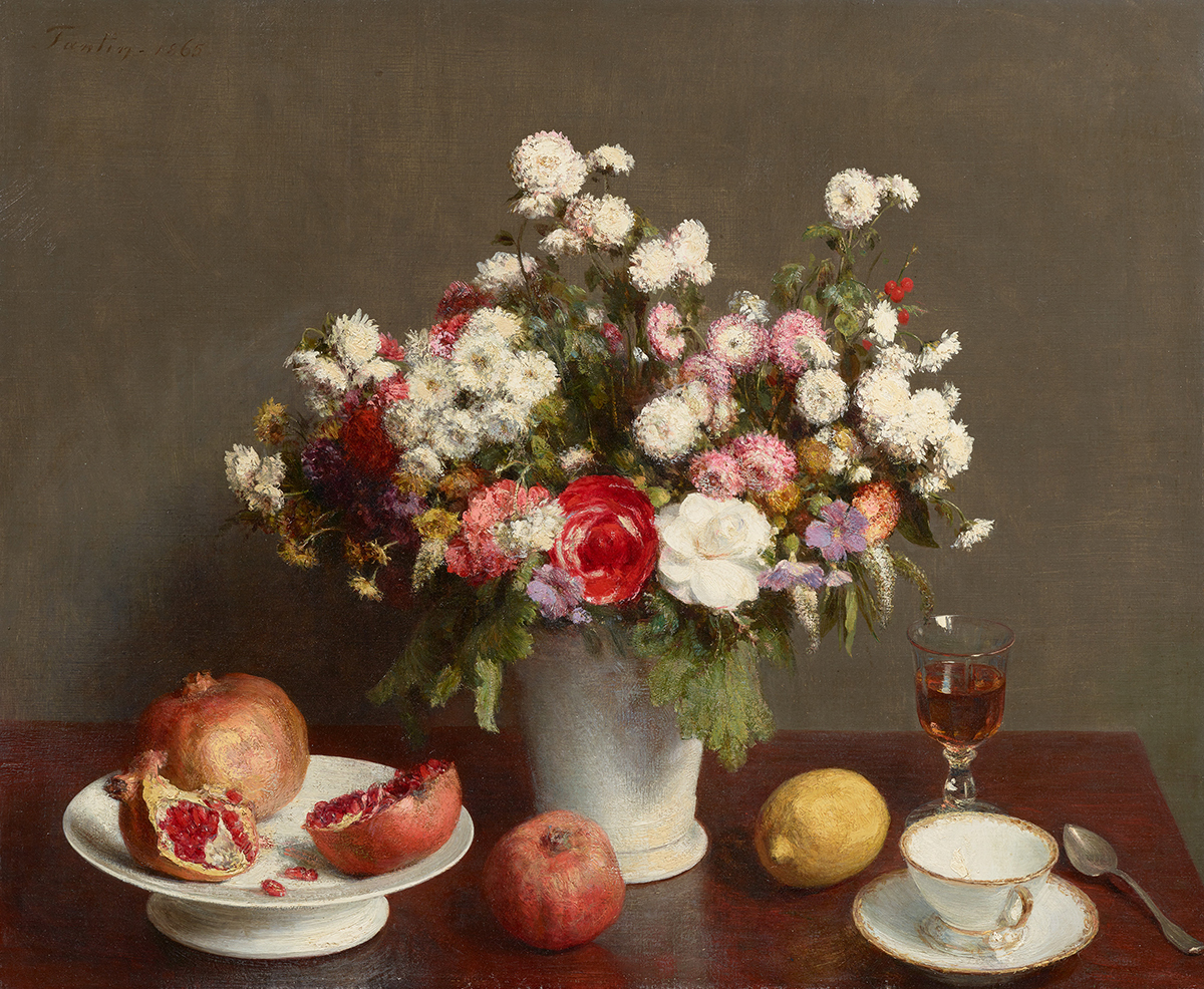 アンリ・ファンタン=ラトゥール《静物（花、果実、ワイングラスとティーカップ）》画像